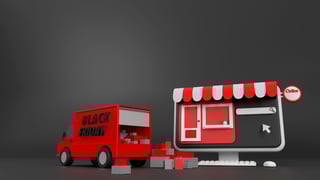 Ilustração de uma tela de computador com um anúncio online e ao lado uma caminhão de entrega de presentes